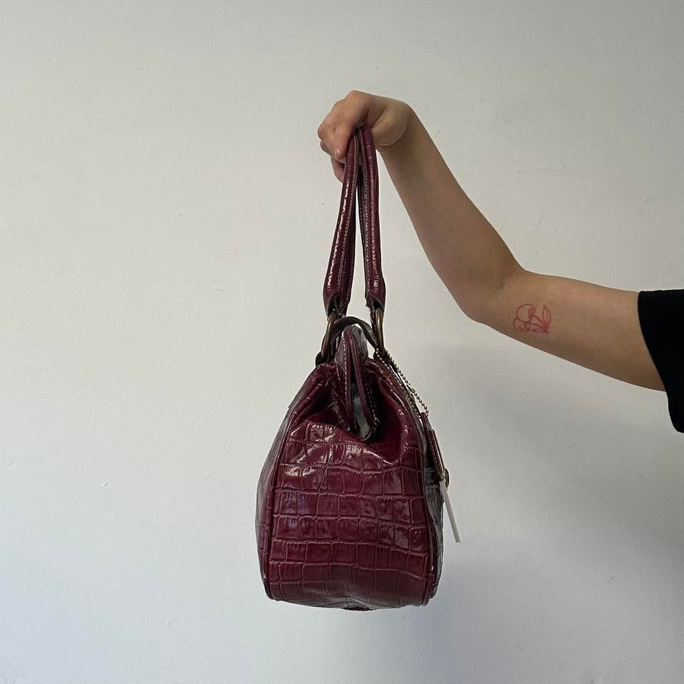 dark red faux leather croc effect buckle shoulder bag
