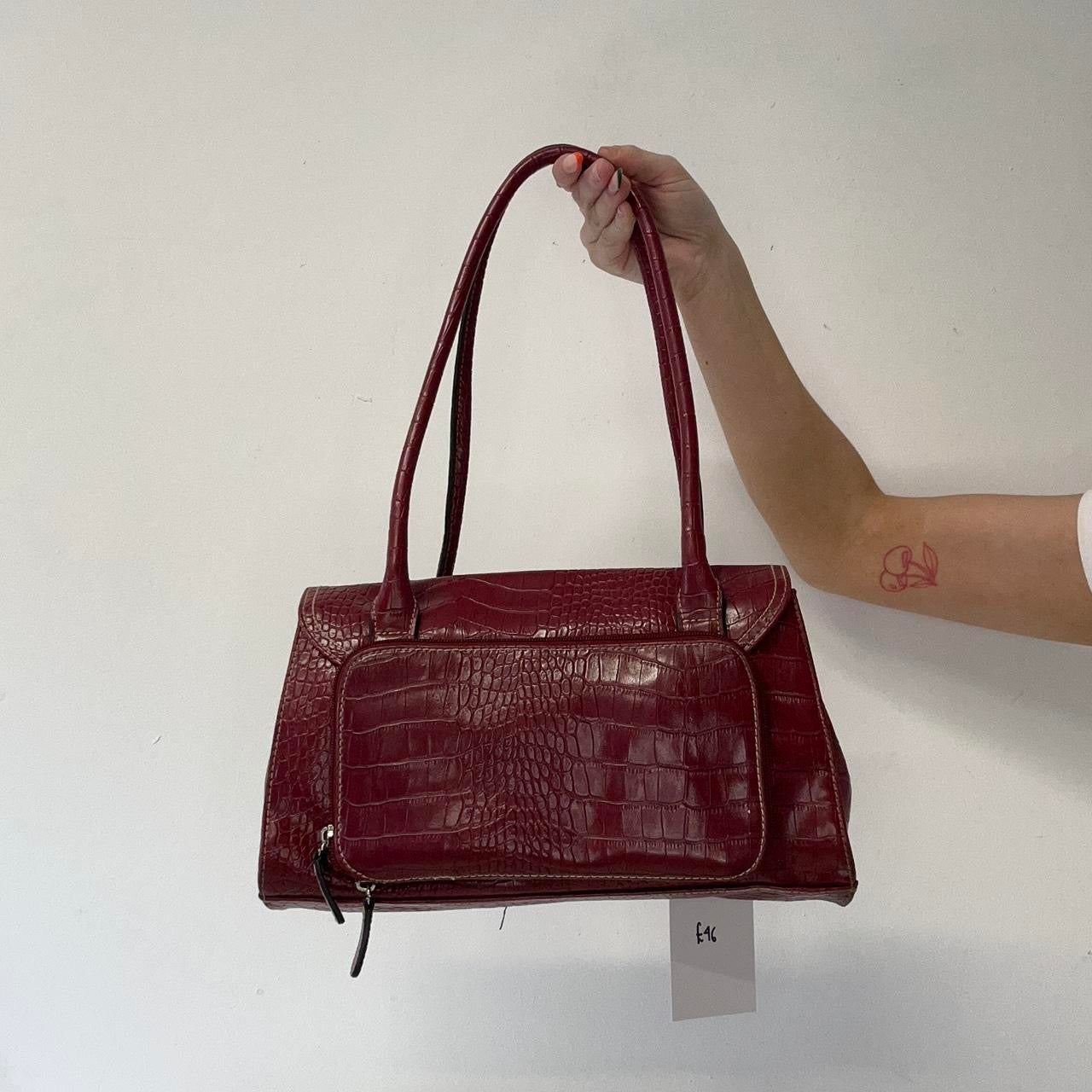 red croc effect faux leather buckle shoulder bag