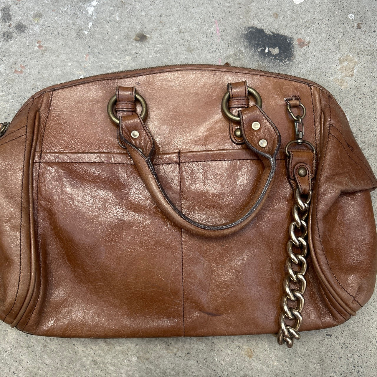brown faux leather chain detailing hand bag