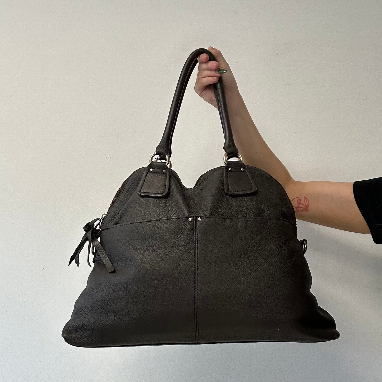 brown faux leather double pocket shoulder bag