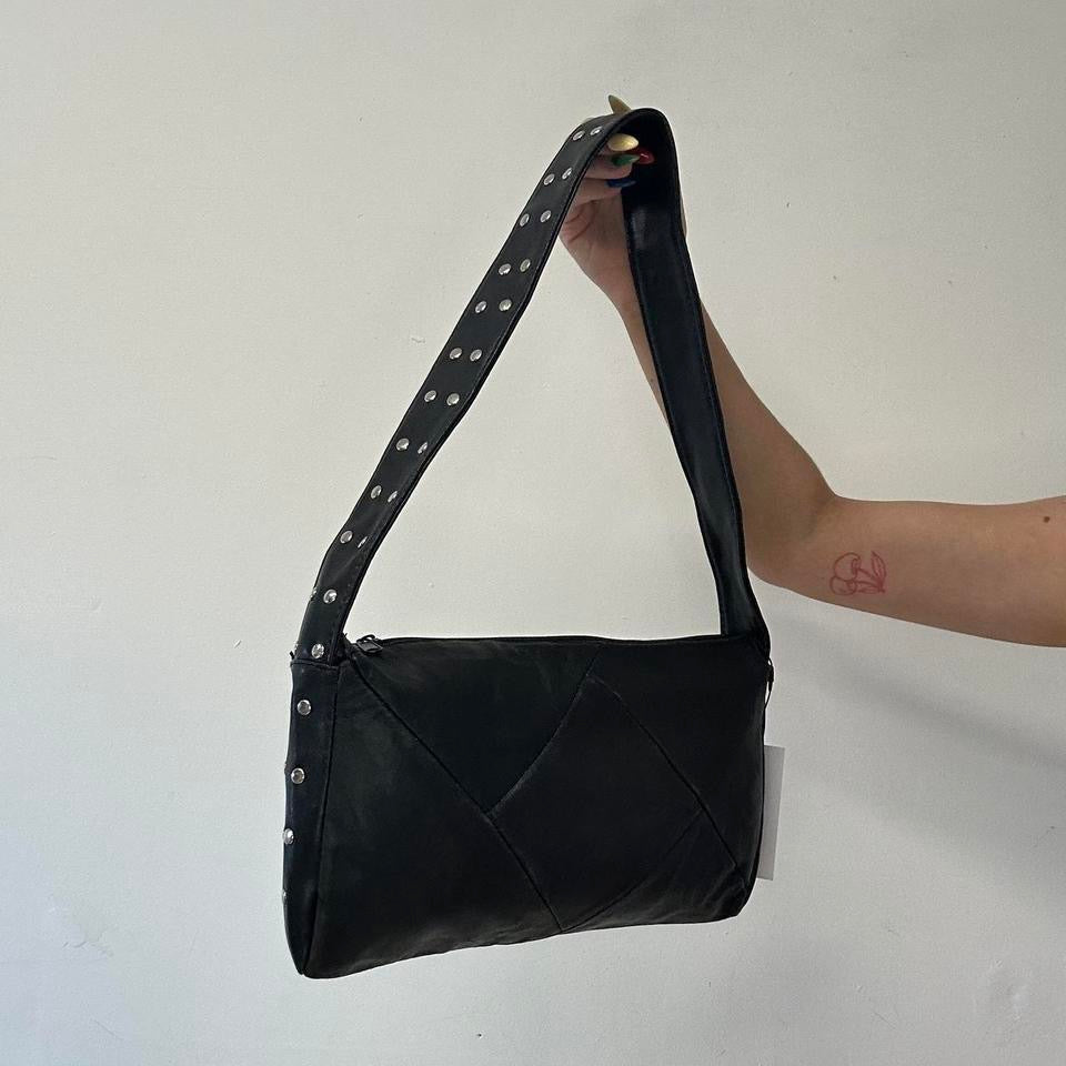 black faux leather studded shoulder bag