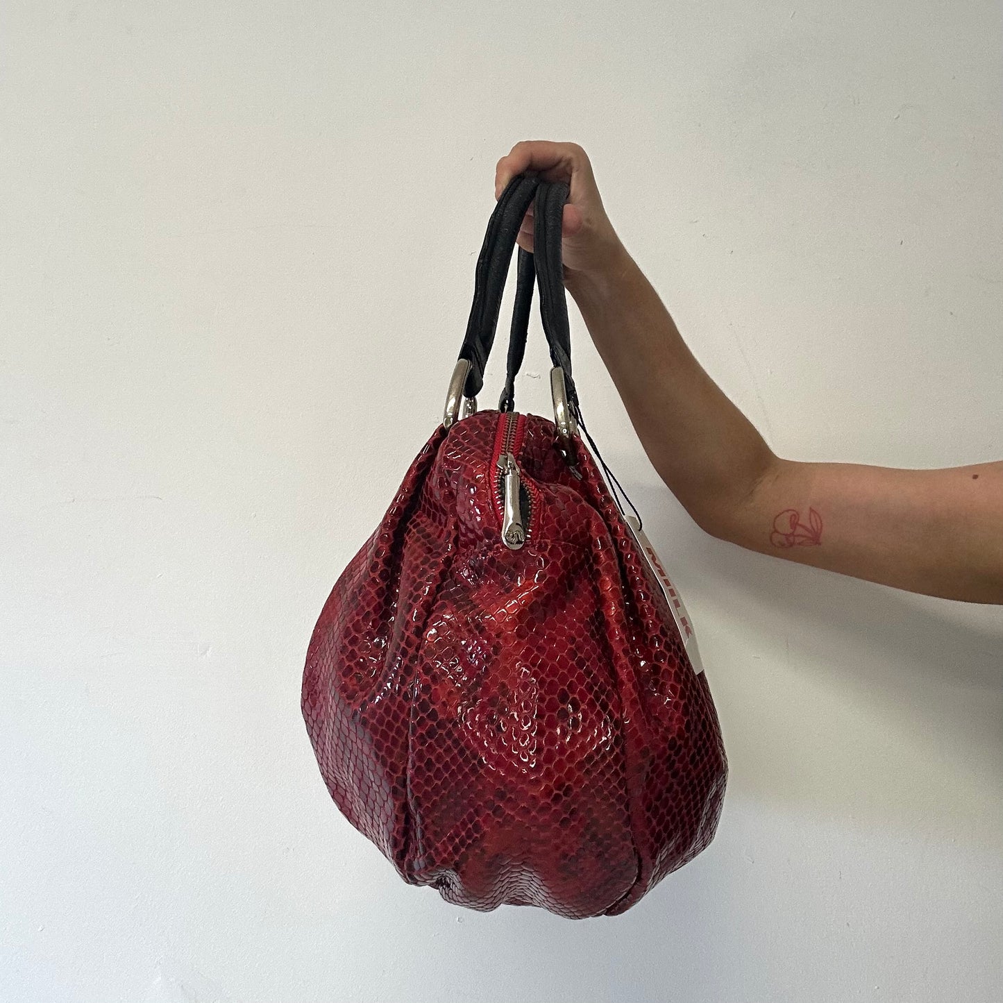 black and red faux leather croc effect shoulder bag