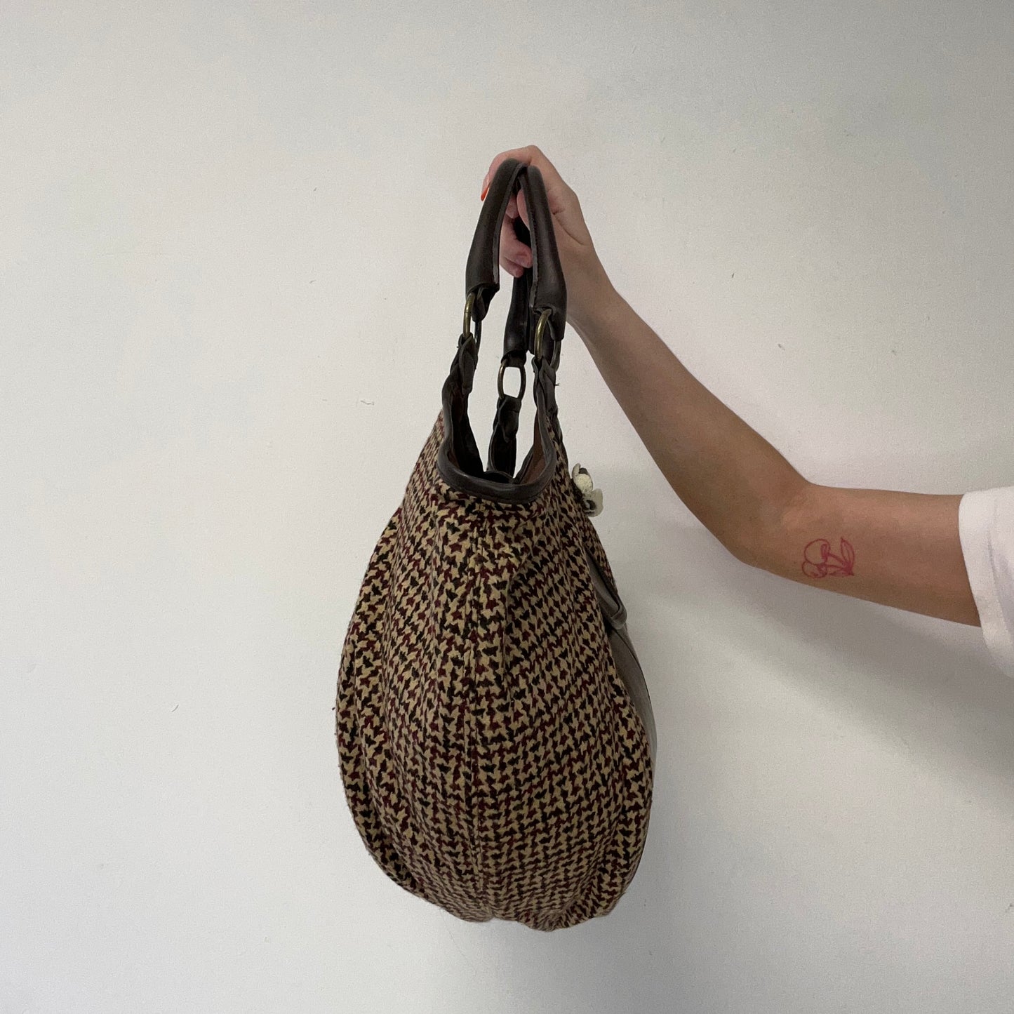 brown and burgundy plaid faux leather shoulder bag