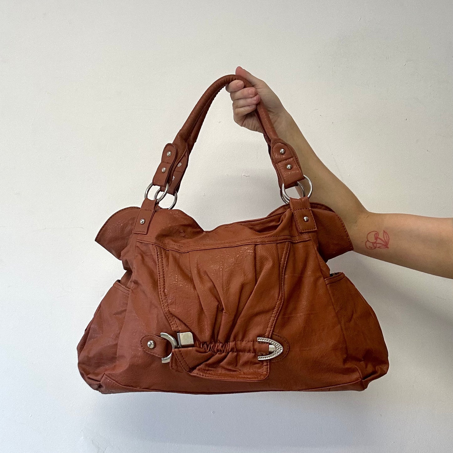brown buckle faux leather shoulder bag