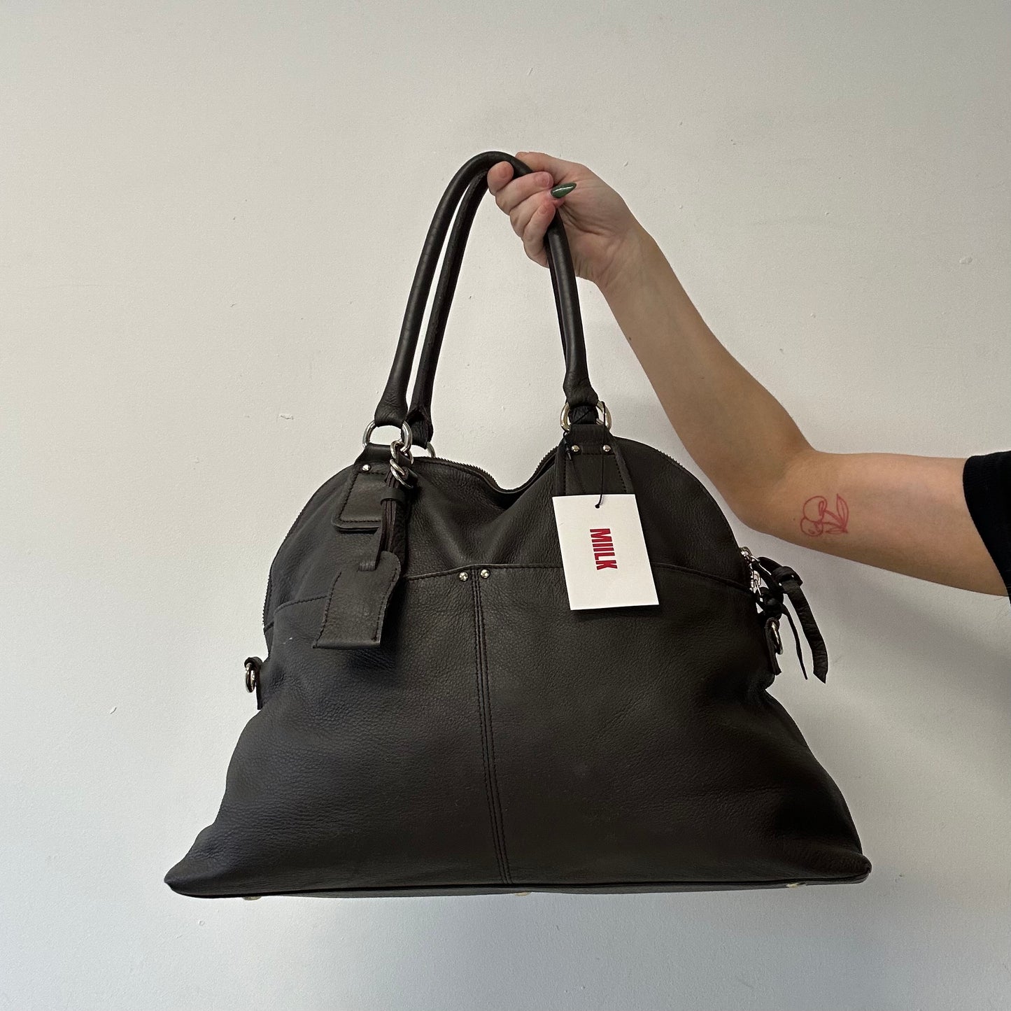 brown faux leather double pocket shoulder bag