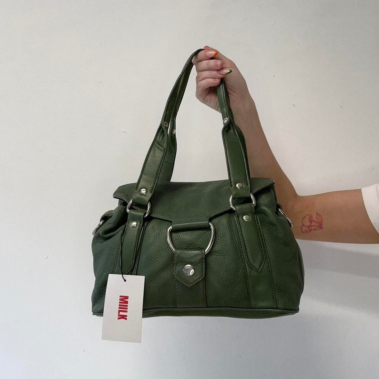 green genuine leather buckle shoulder bag