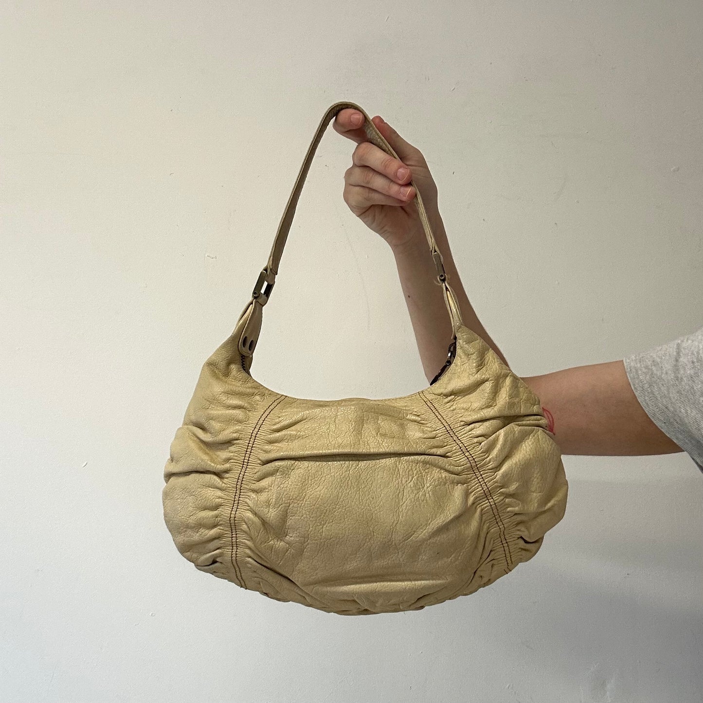 cream tanned ruched button shoulder bag