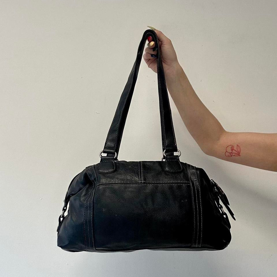 black genuine leather buckle shoulder bag