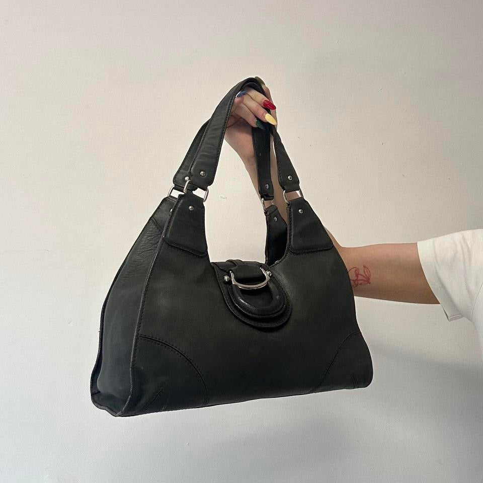 dark khaki leather buckle shoulder bag
