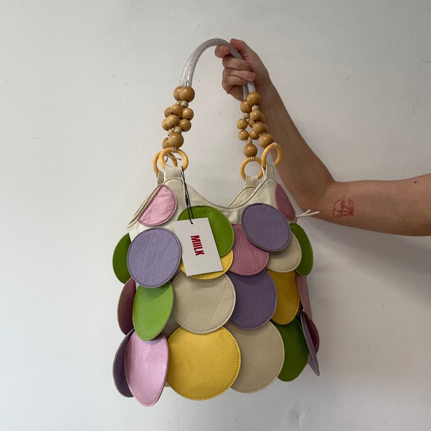 multicoloured faux leather disc beaded shoulder bag