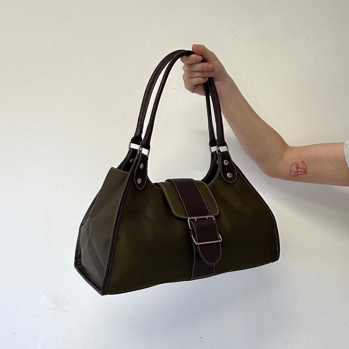 khaki canvas and brown faux leather buckle shoulder bag