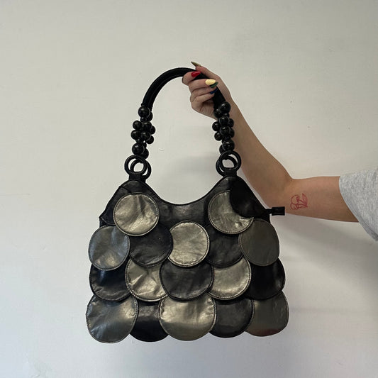 silver and black faux leather disc beaded shoulder bag