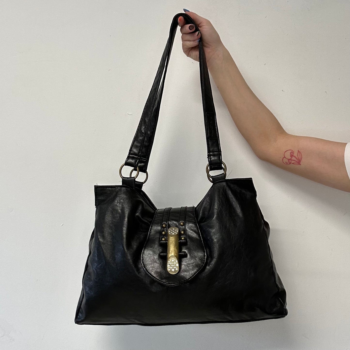 black faux leather studded buckle shoulder bag