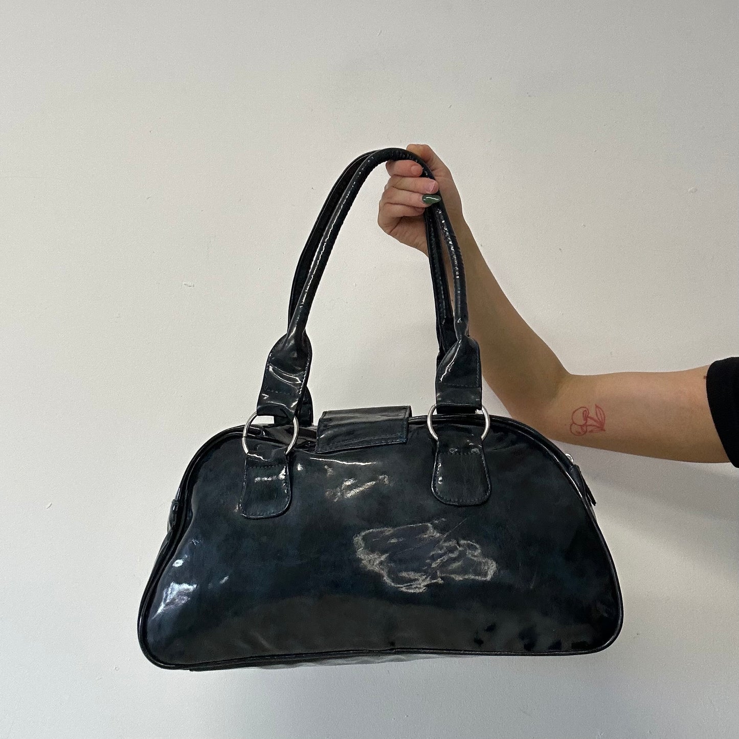 navy patent bowler shoulder bag