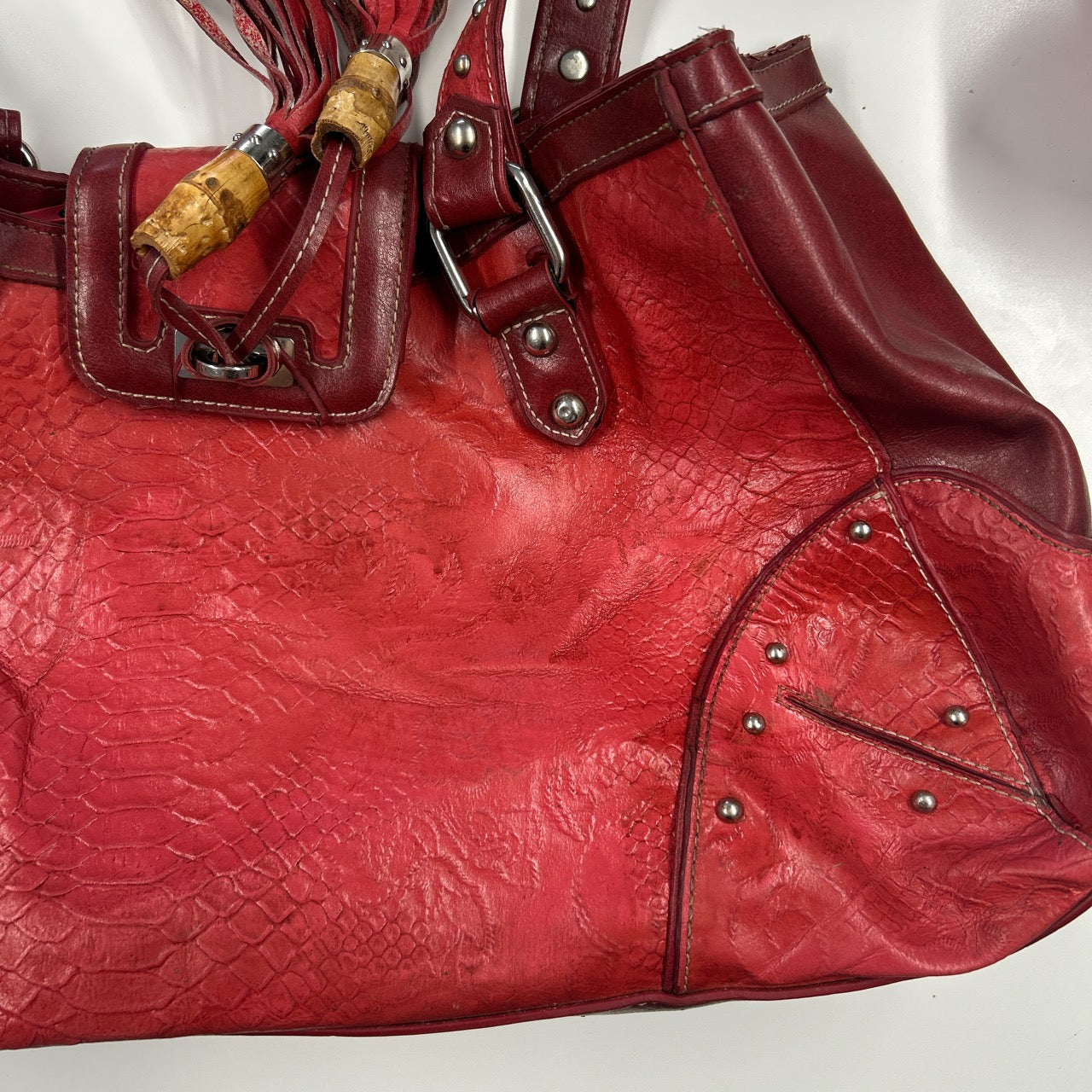 red faux leather croc effect studded  shoulder bag