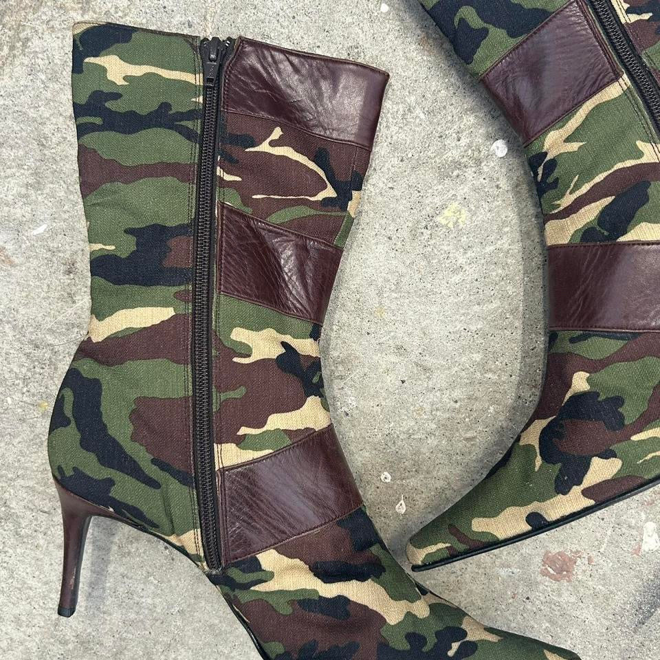 green camouflage studded heeled boots