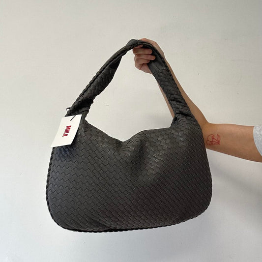 grey faux leather woven shoulder bag