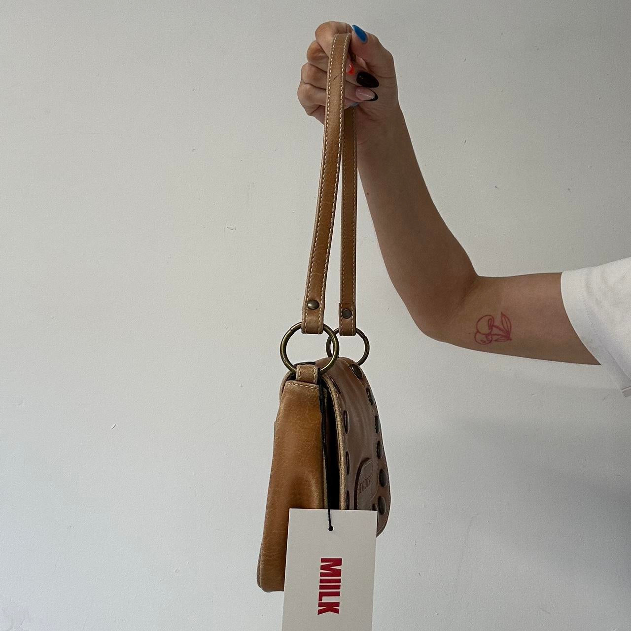 tanned studded faux leather shoulder bag