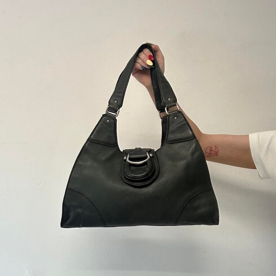 dark khaki leather buckle shoulder bag
