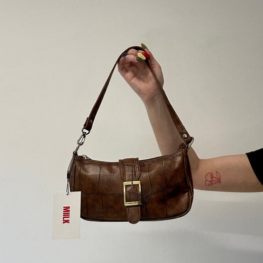 brown croc effect studded faux leather shoulder bag