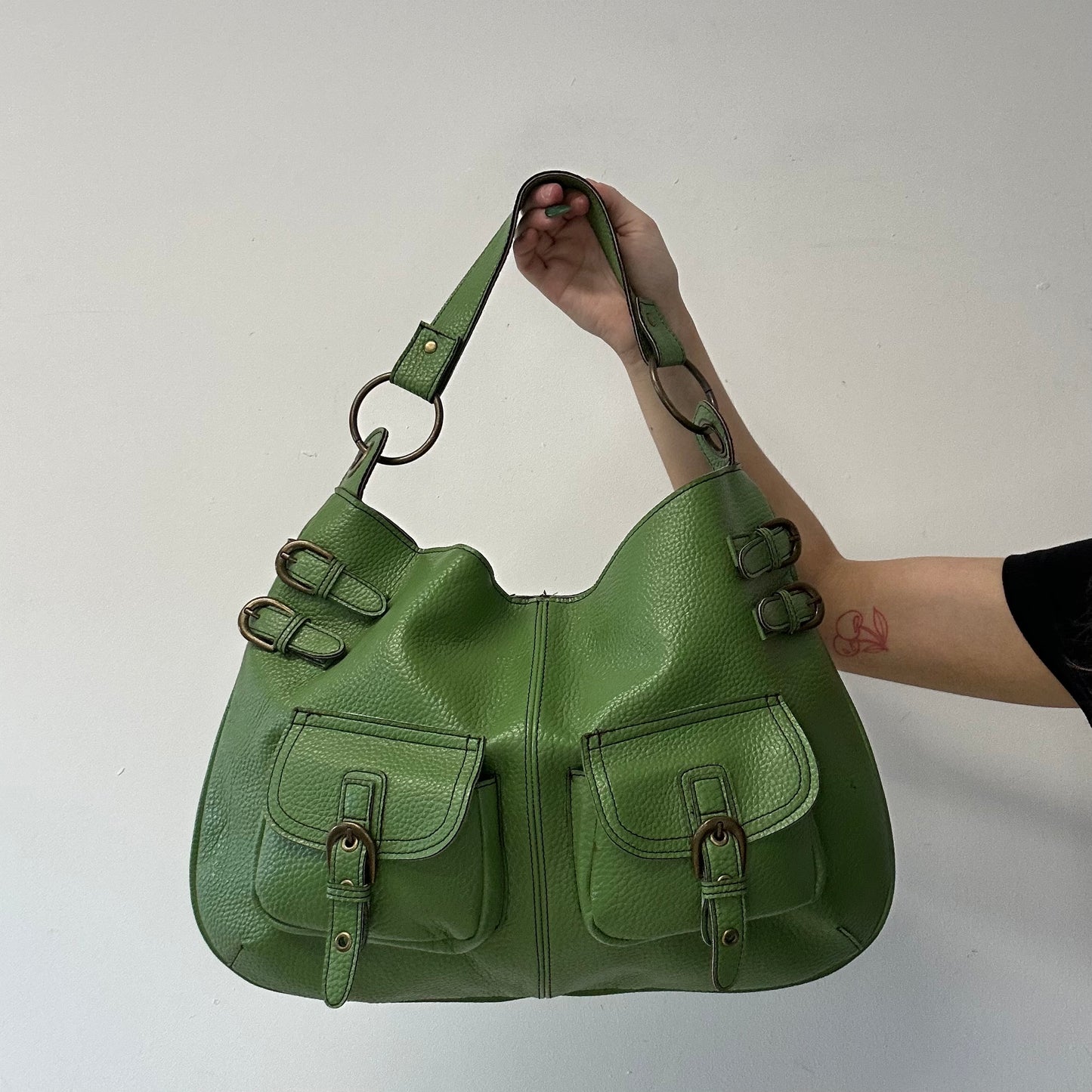 green double buckle faux leather shoulder bag