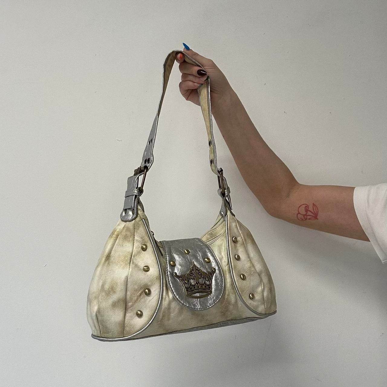 silver and gold studded crown faux leather shoulder bag