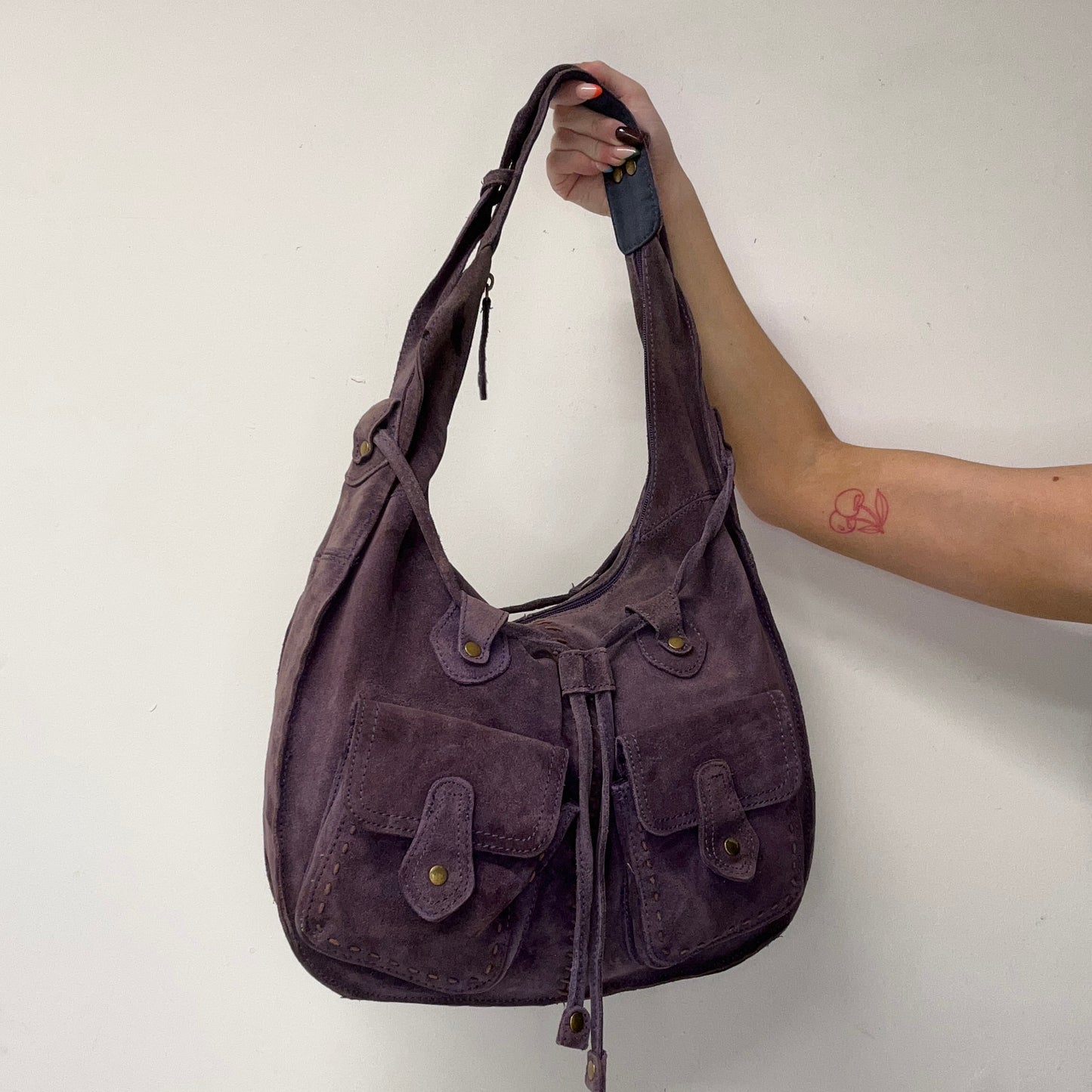 purple suede stitch shoulder bag