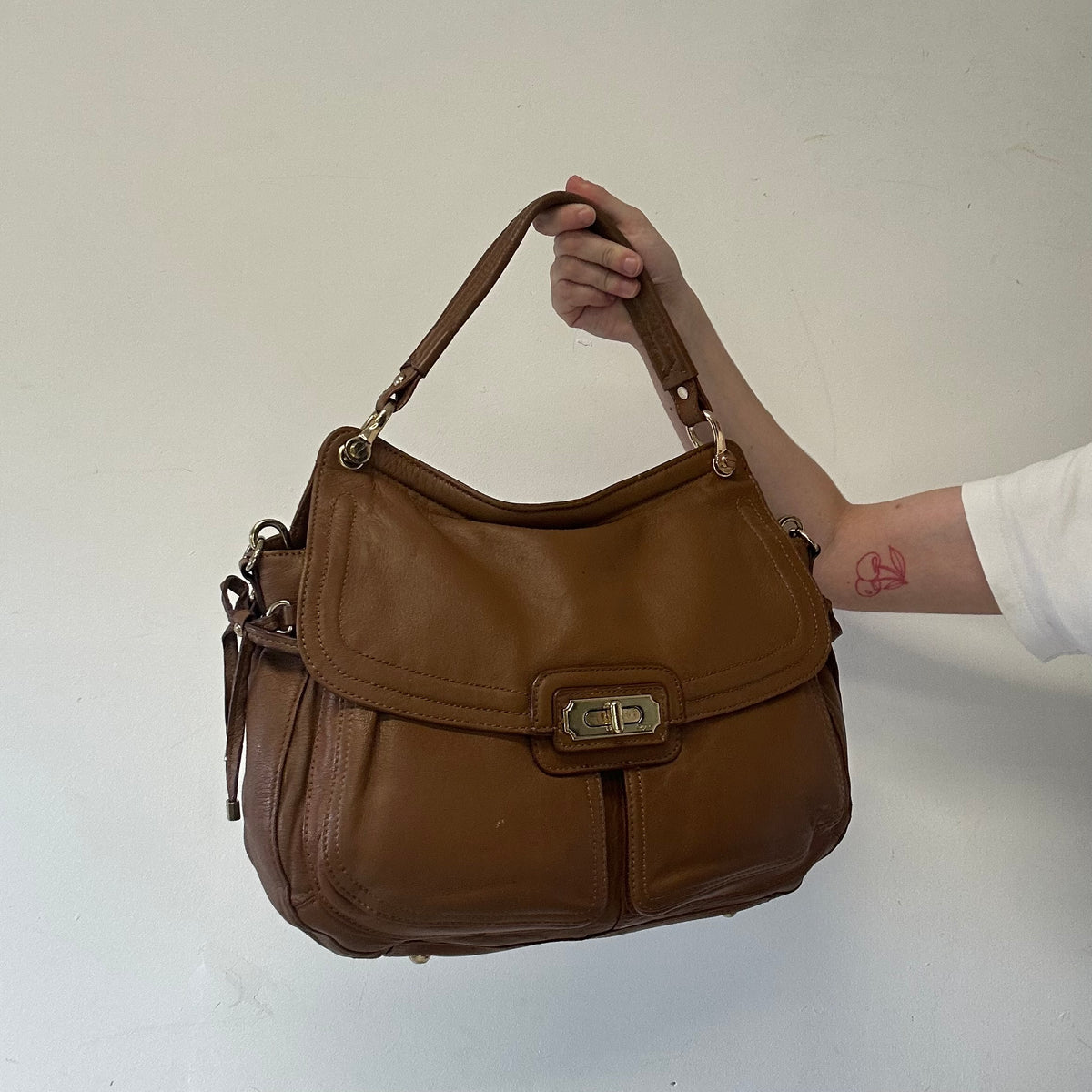 brown sheepskin genuine leather double pocket shoulder bag