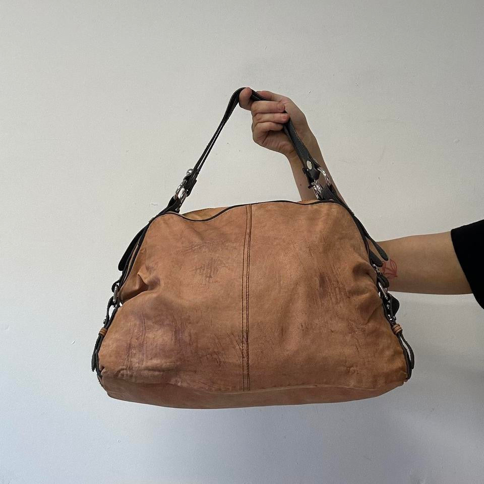 tanned sheepskin leather oriental double zip shoulder bag