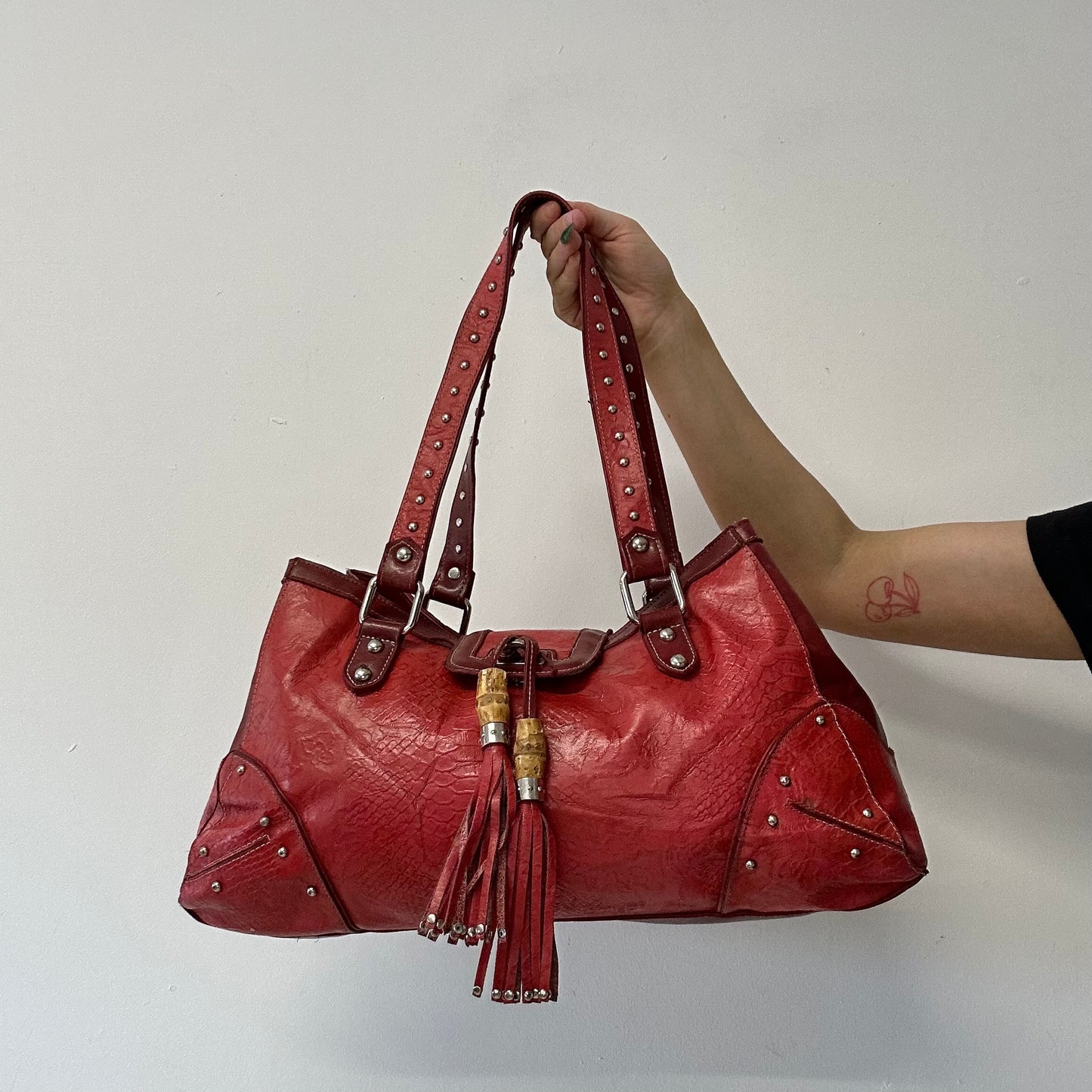 red faux leather croc effect studded  shoulder bag