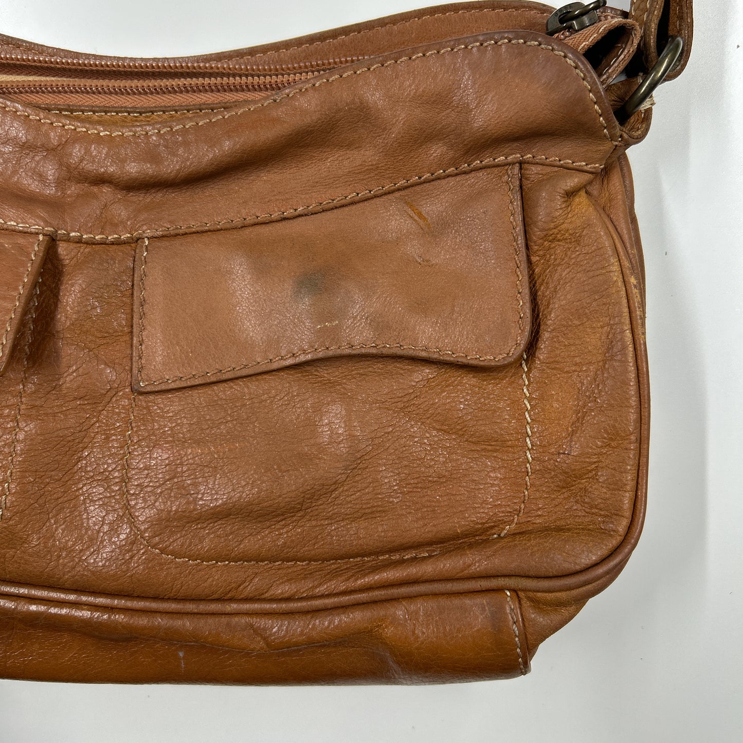 brown leather double pocket shoulder bag