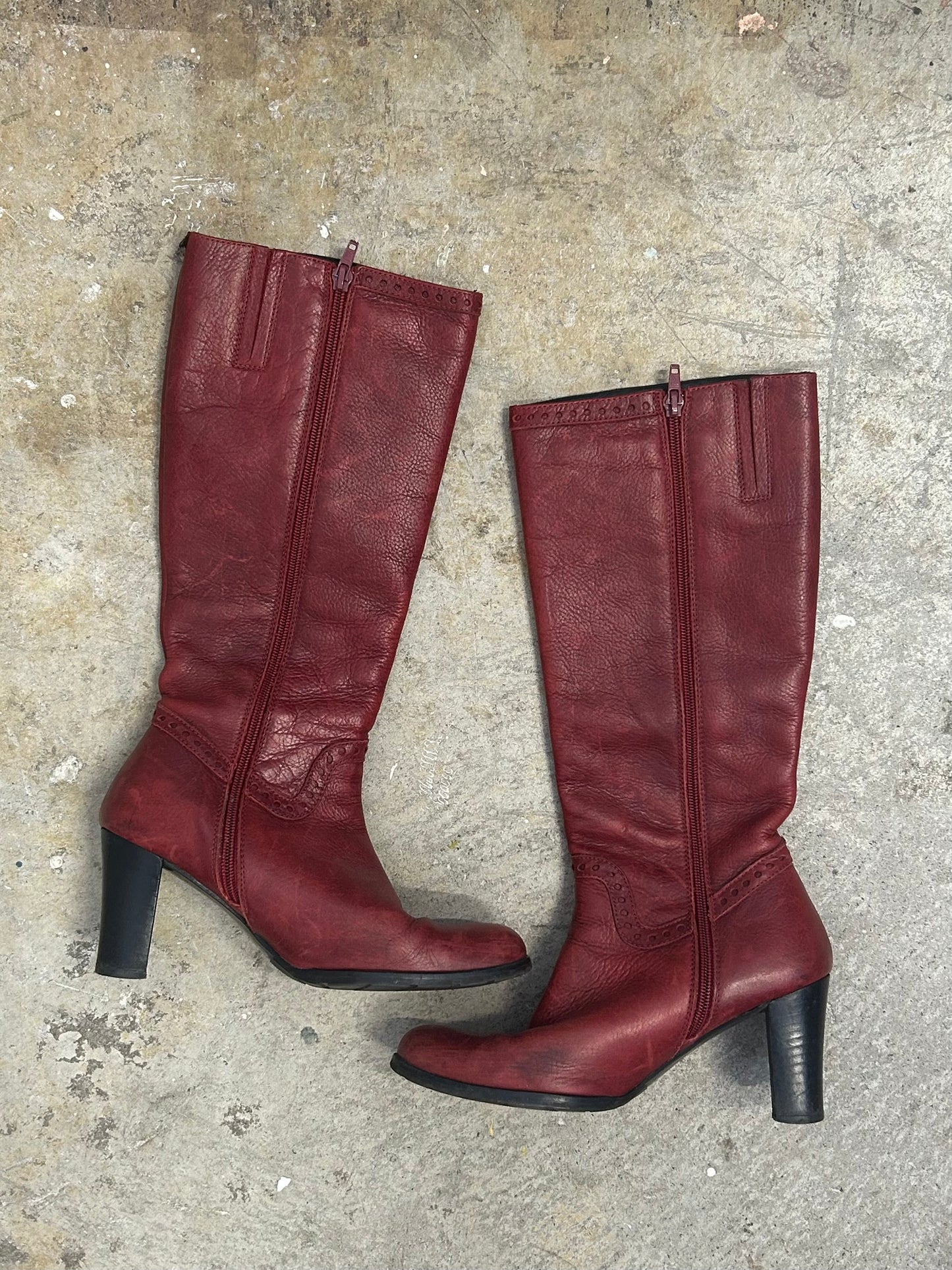red genuine leather knee high heeled boots
