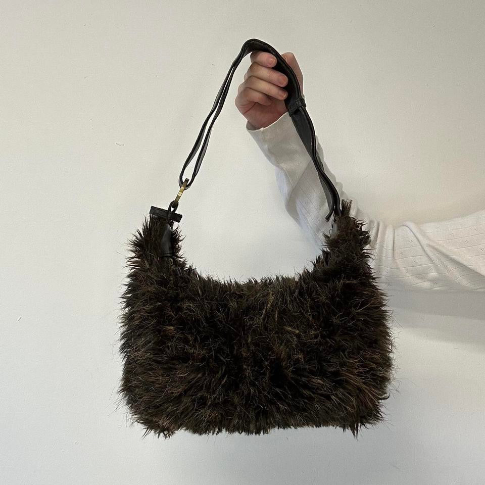 brown faux fur studded shoulder bag