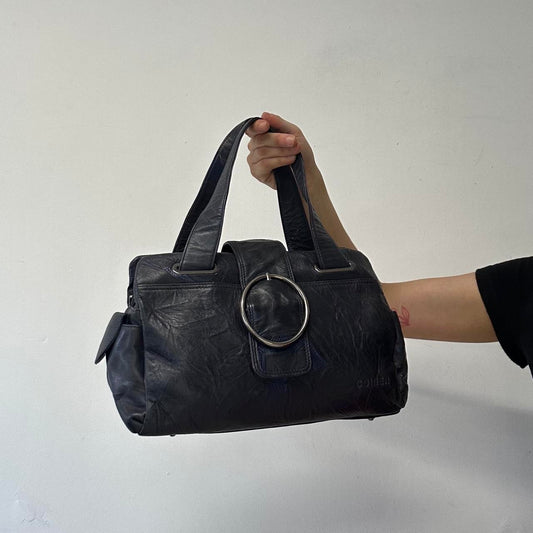 navy blue faux leather oversized buckle shoulder bag