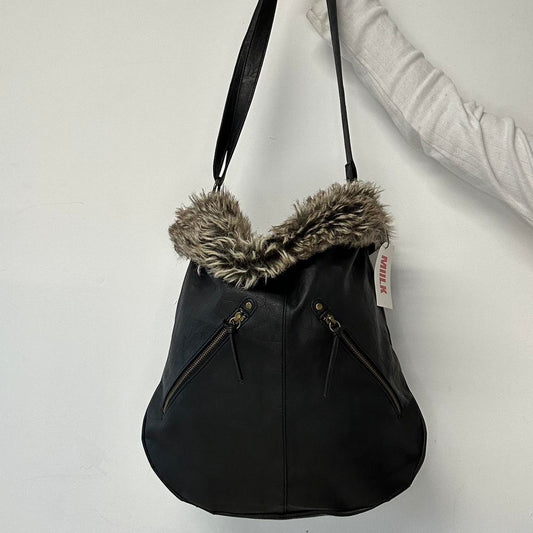 black double zip faux fur shoulder bag