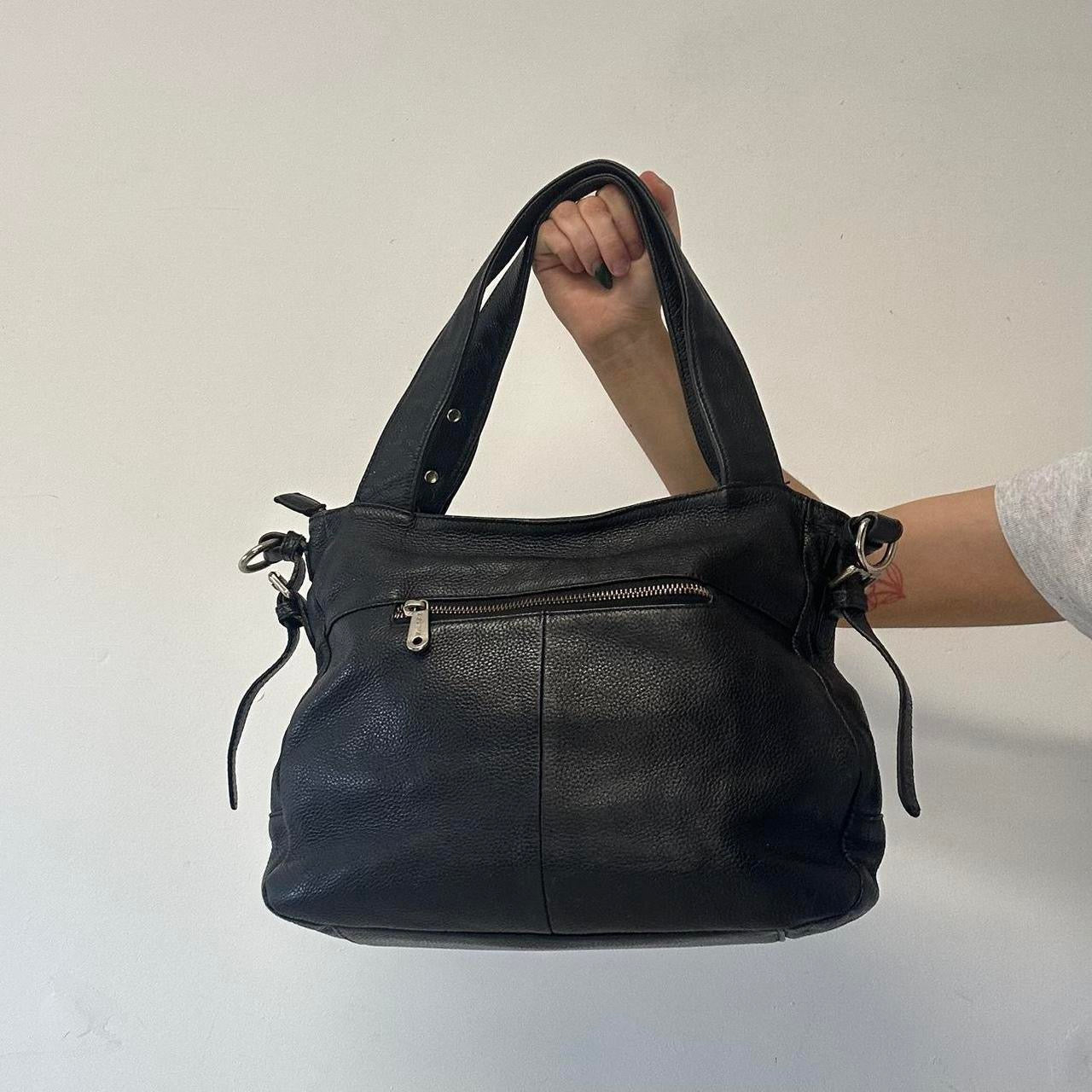 black genuine leather double pocket shoulder bag