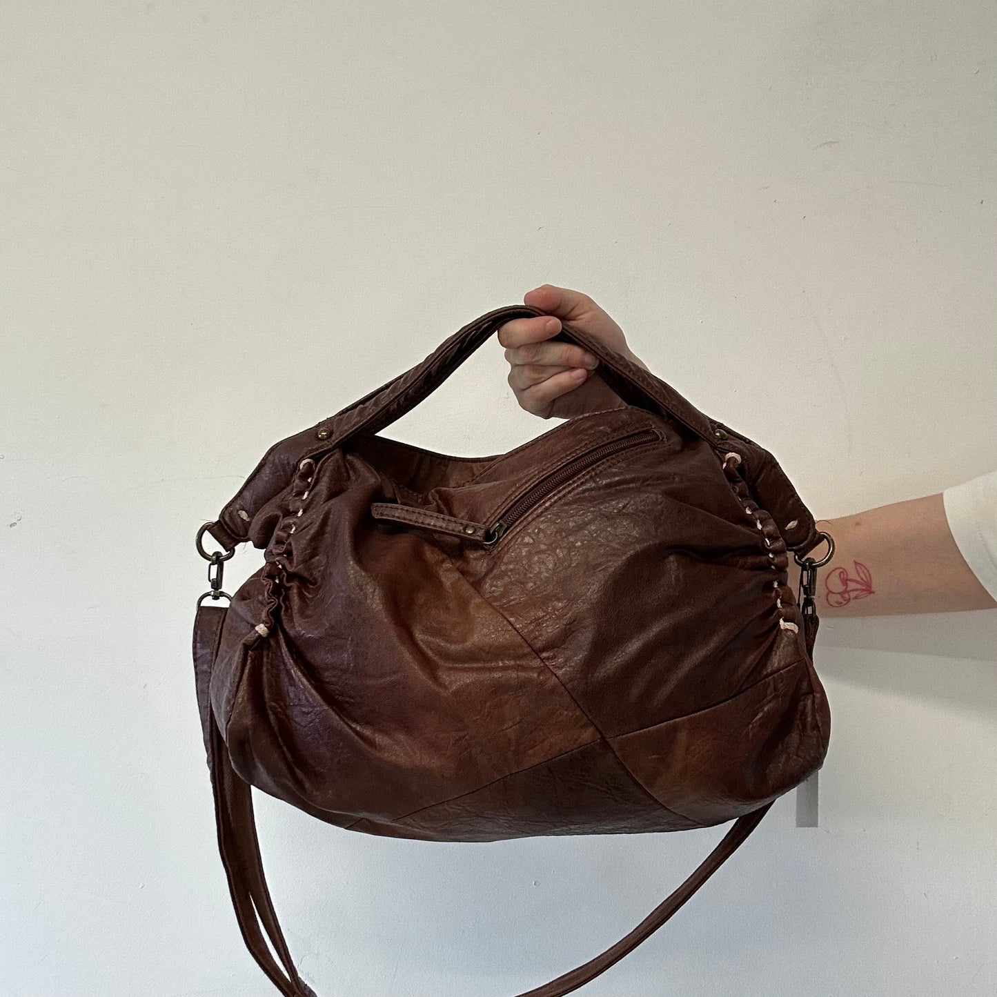 brown patchwork genuine leather zip shoulder bag