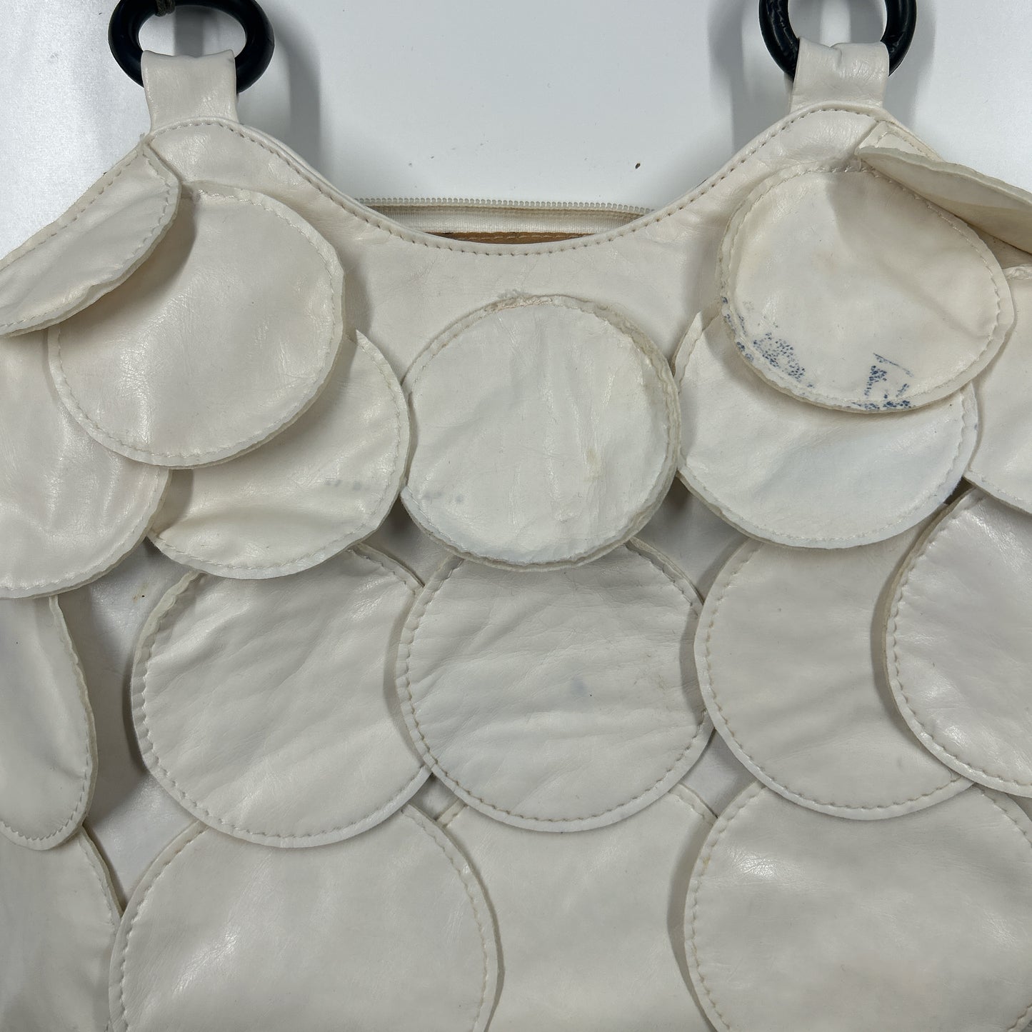 white faux leather disc beaded shoulder bag