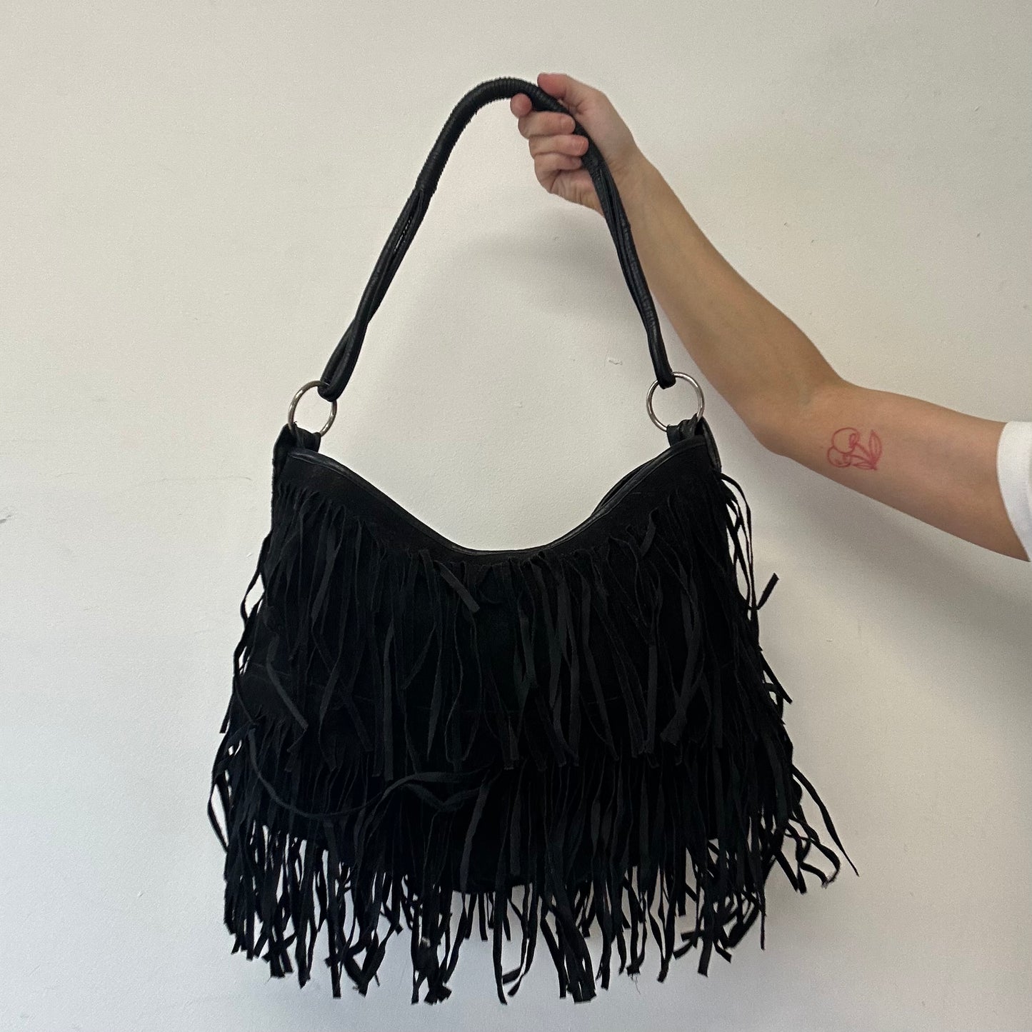 black faux leather fringe tassle shoulder bag