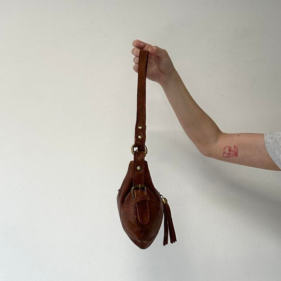 brown half crescent genuine leather shoulder bag
