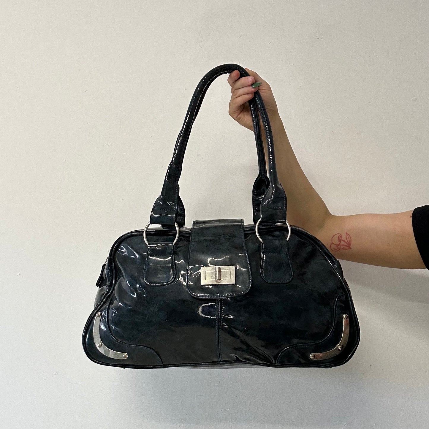 navy patent bowler shoulder bag