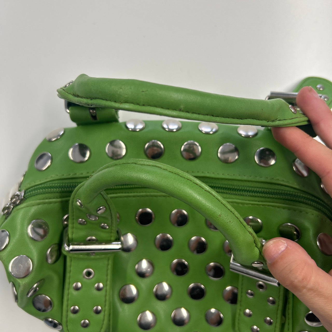 green studded double buckle mini hand bag
