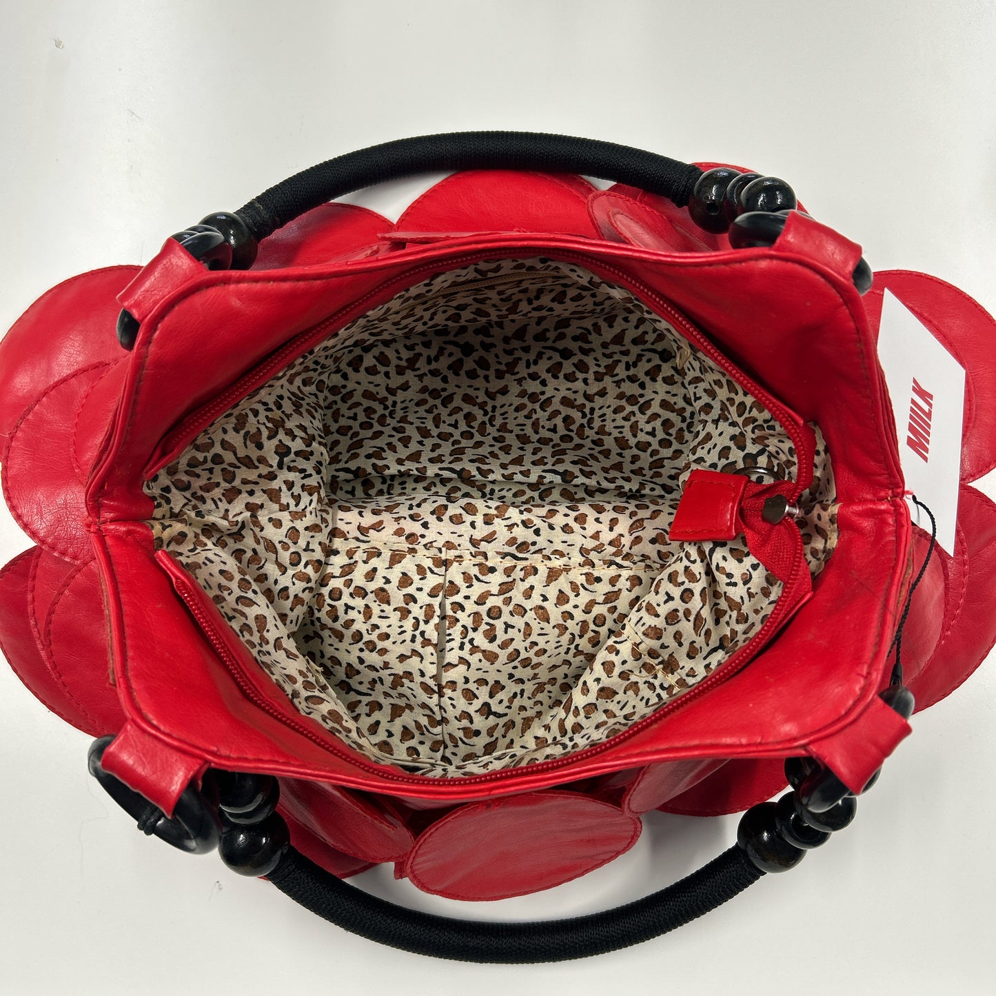 red faux leather disc beaded shoulder bag