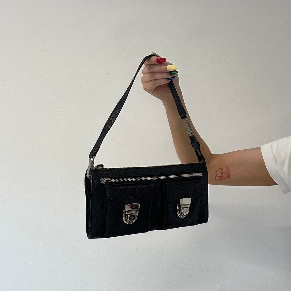 black faux leather double pocket mini shoulder bag