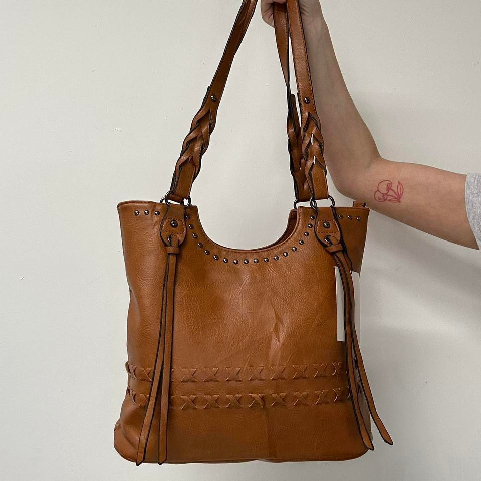 tanned studded faux leather shoulder bag