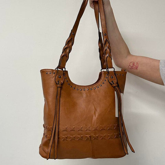 tanned studded faux leather shoulder bag