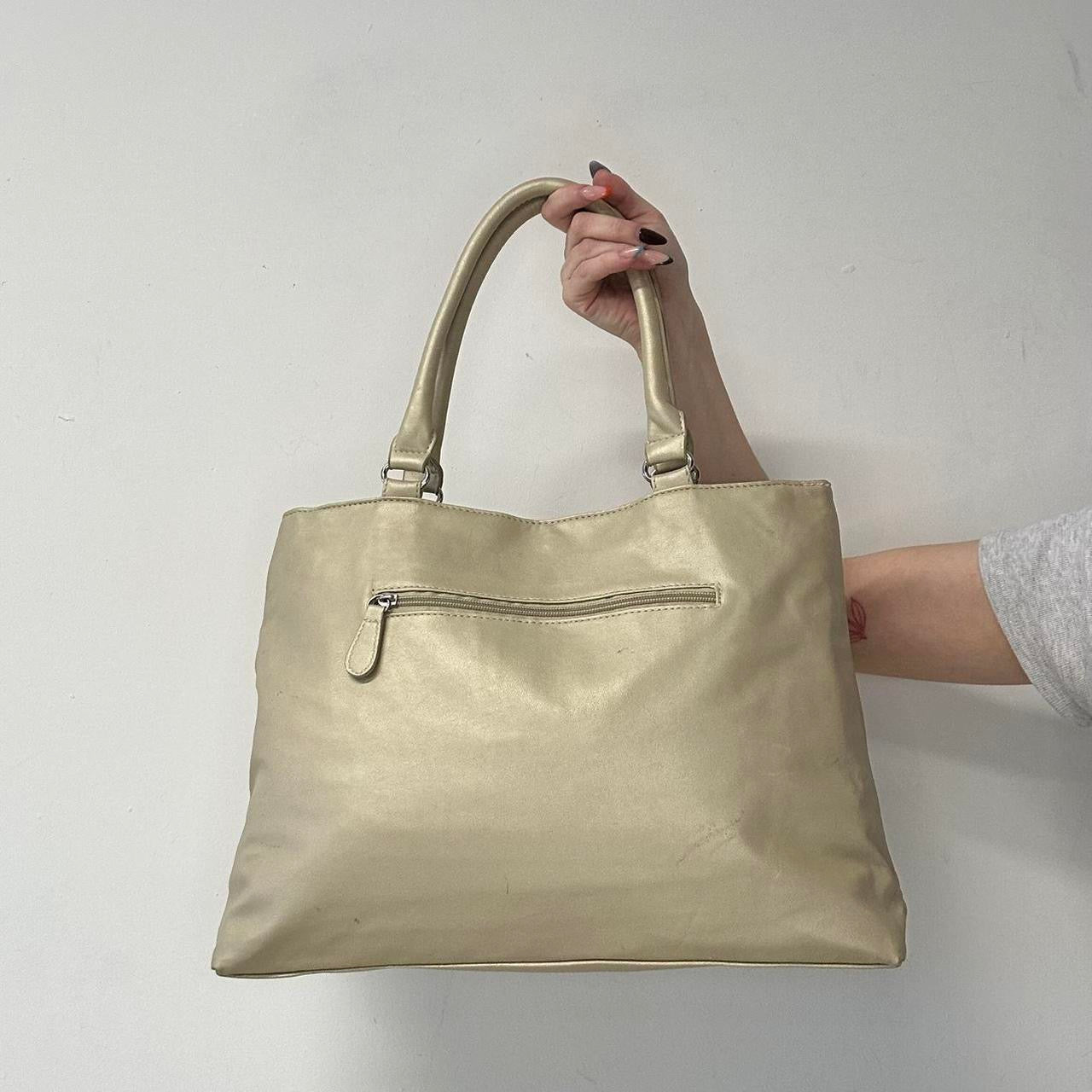 cream metallic pleated ruffled shoulder bag