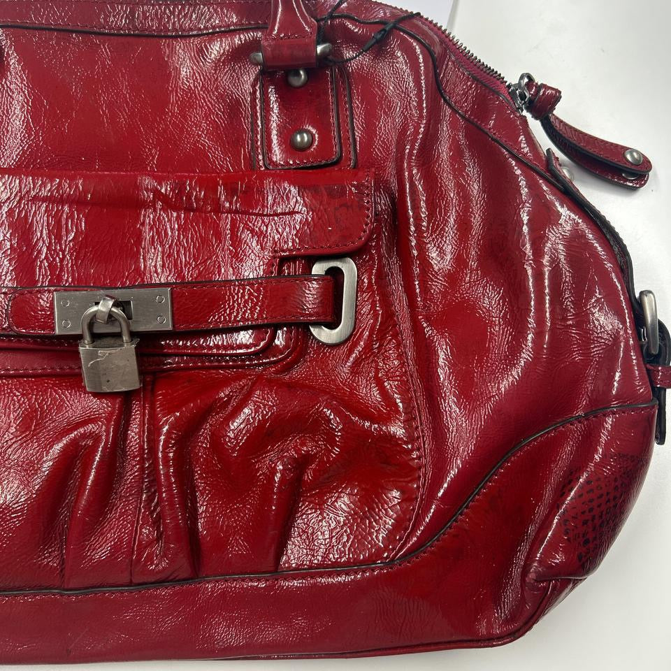 red faux leather padlock buckle shoulder bag
