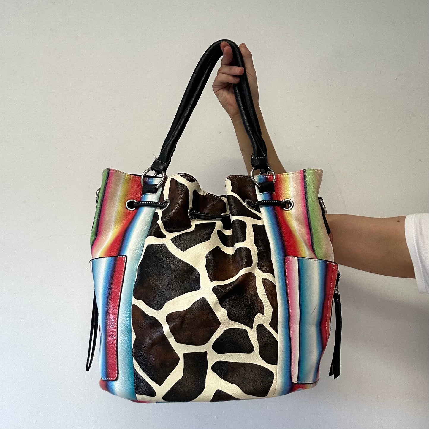 multicoloured faux leather giraffe print shoulder bag