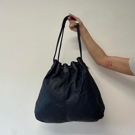 navy drawstring leather shoulder bag